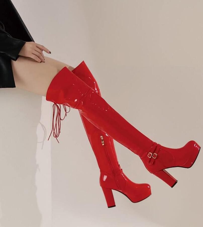 Elzusha Hoge Laarzen Lakleer Blokhak Rood voor Dames
