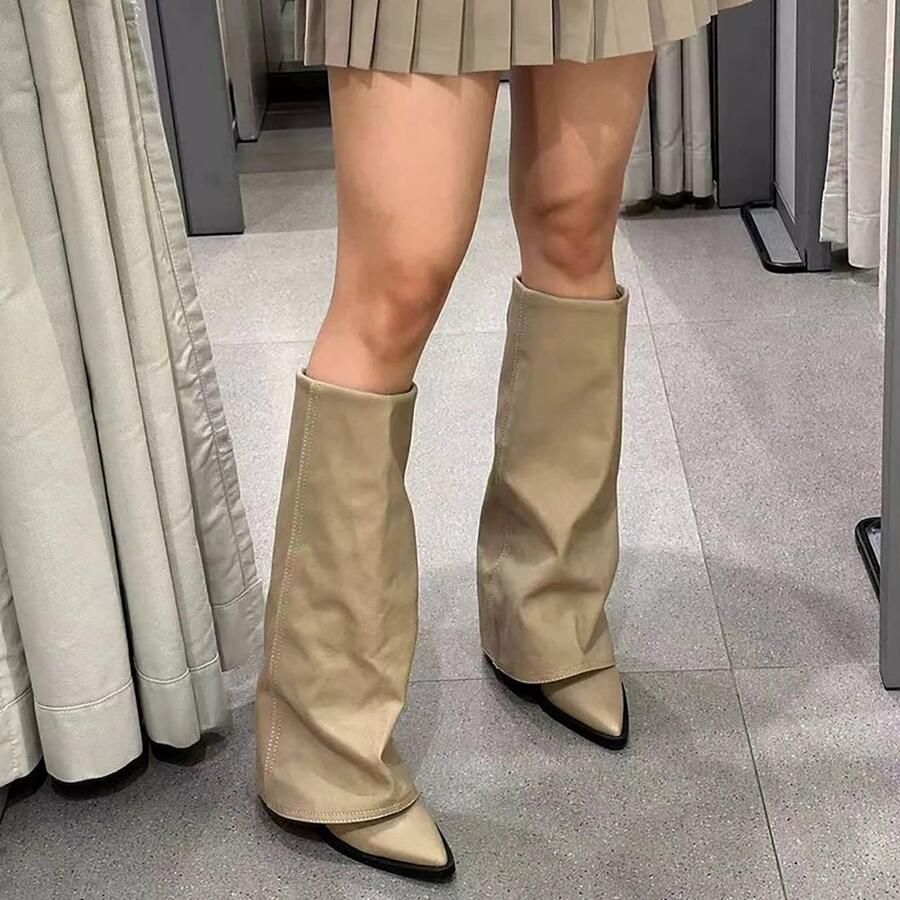 Elzusha Hoge Cowboylaarzen Dames met Puntige Neus in Kaki