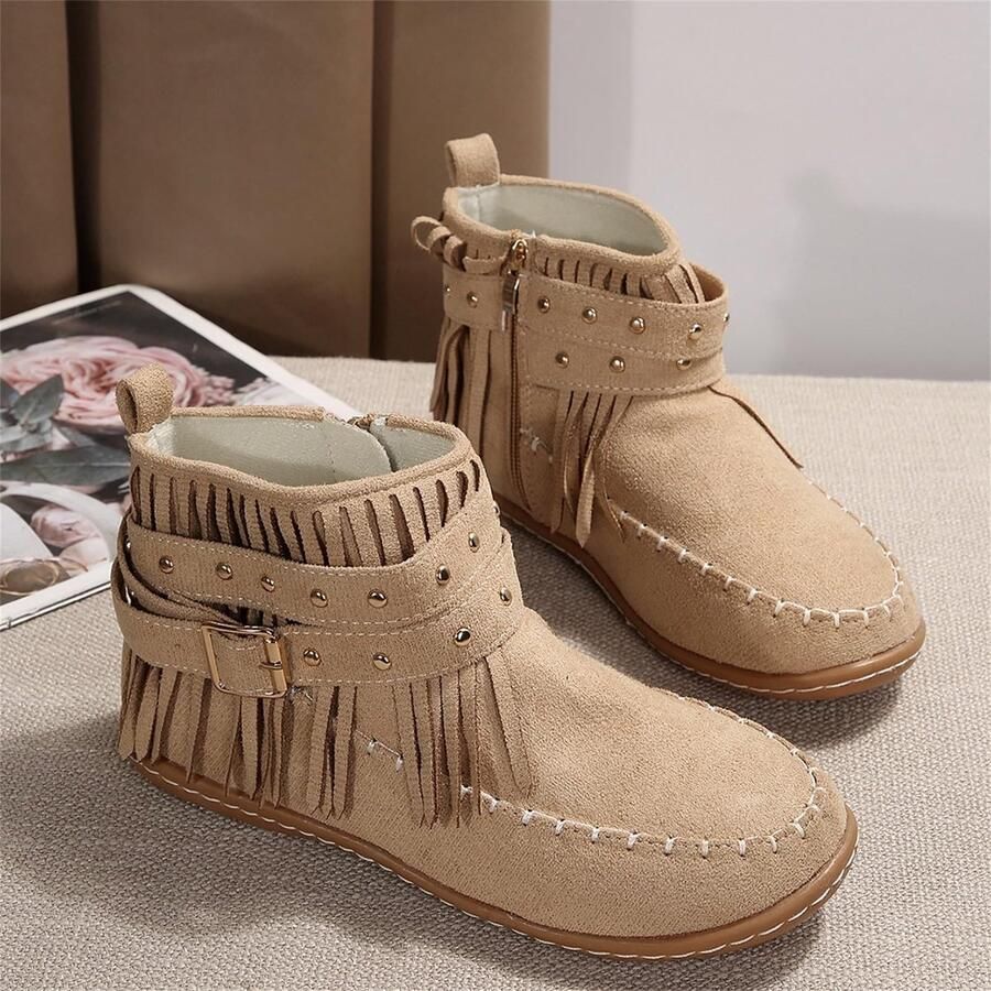 Elzusha Kaki Suède Enkellaars met Franjes en Gouden Studs voor Dames