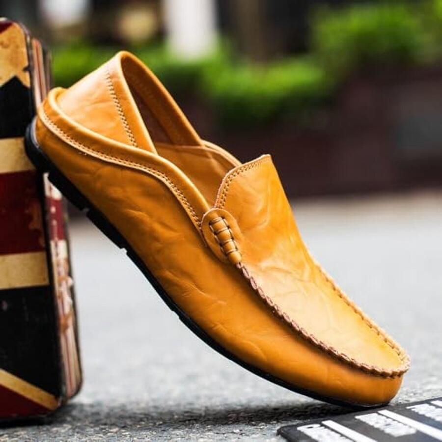 Elzusha Leren Loafers Heren Lichtgewicht en Comfortabel Geel