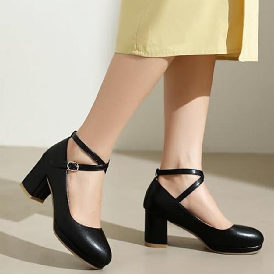 Pumps met blokhak en enkelband Zwart - Foto 1