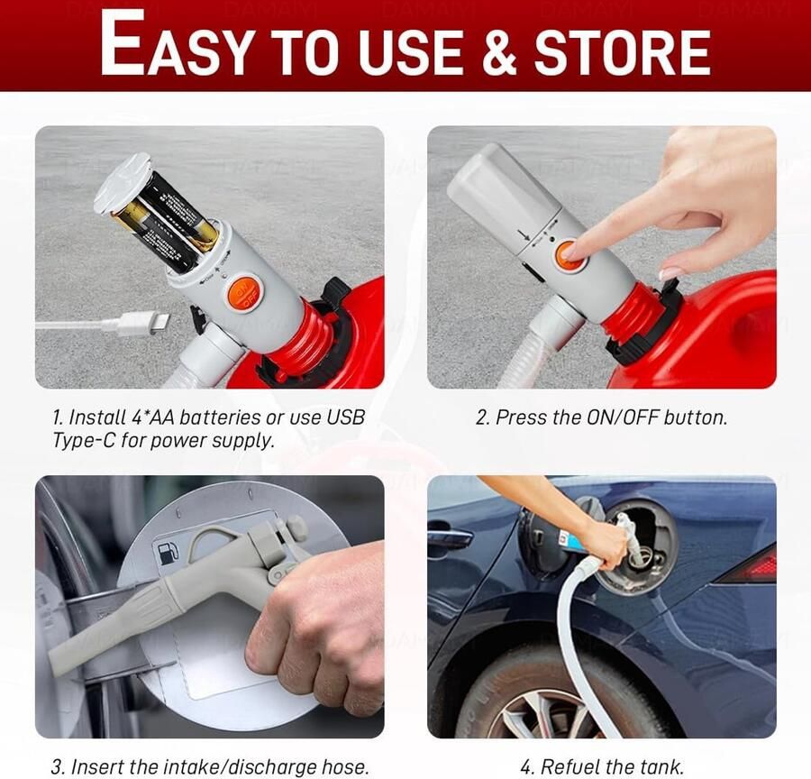 & Benzinepomp Elektrisch Dubbele Voeding (USB- AA) Debiet 3.2 GPM Handmatige Bediening 51 Inch Hoofdslang + Uitschuifbare Inlaatpomp Voor auto boot werkplaats