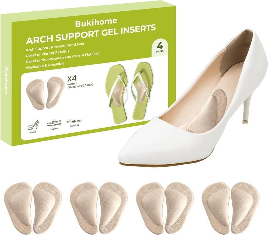 & inzetstuk voor voetboog Bukihome Gel Arch Inserts voor platte voeten plantaire fasciitis zelfklevend boogkussen voor verlichting van voetpijn de hele dag comfort 0 3 inch 4 paar