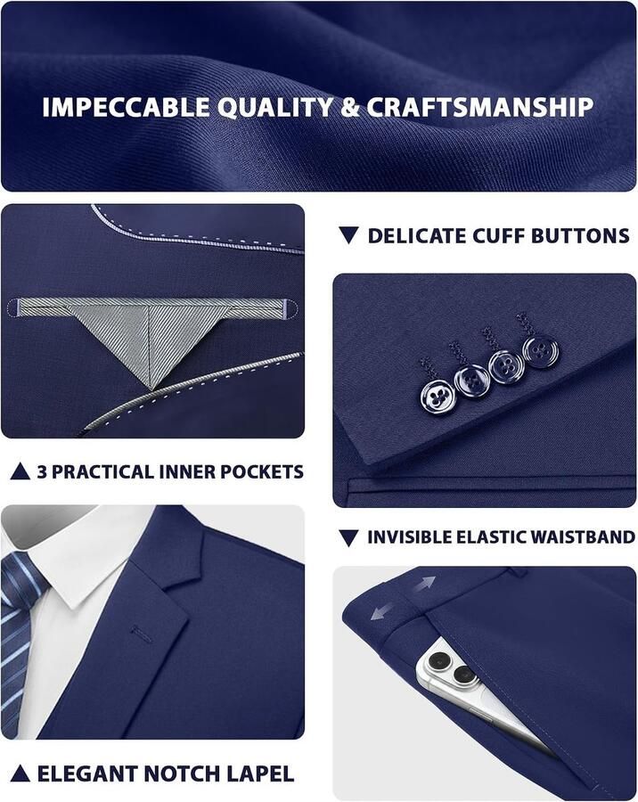 & Nelson Men's Suit Slim Fit 3 Piece Suits for Men One Button Solid Jacket Vest Pants with Tie Tuxedo Set Navy Blue