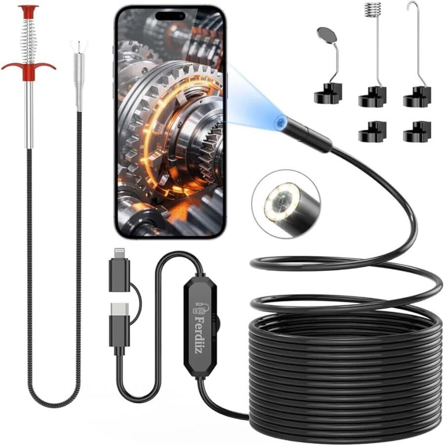 Endoscoopcamera met licht Ferdiiz 1920 HD borescoop met 8 LED-verlichting IP67 waterdichte endoscoopinspectie met klauwgrijptang 5M semi-stijve kabel van 1 65 meter voor Android iOS