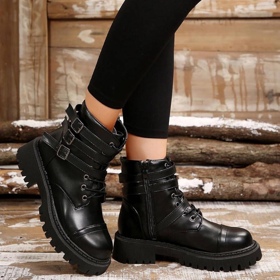 Enkellaarzen Dames met Side Rits en Veterlaarzen Zwarte Combat Walking Boots Platform Lederen Booties EU Werklaarzen voor Vrouwen