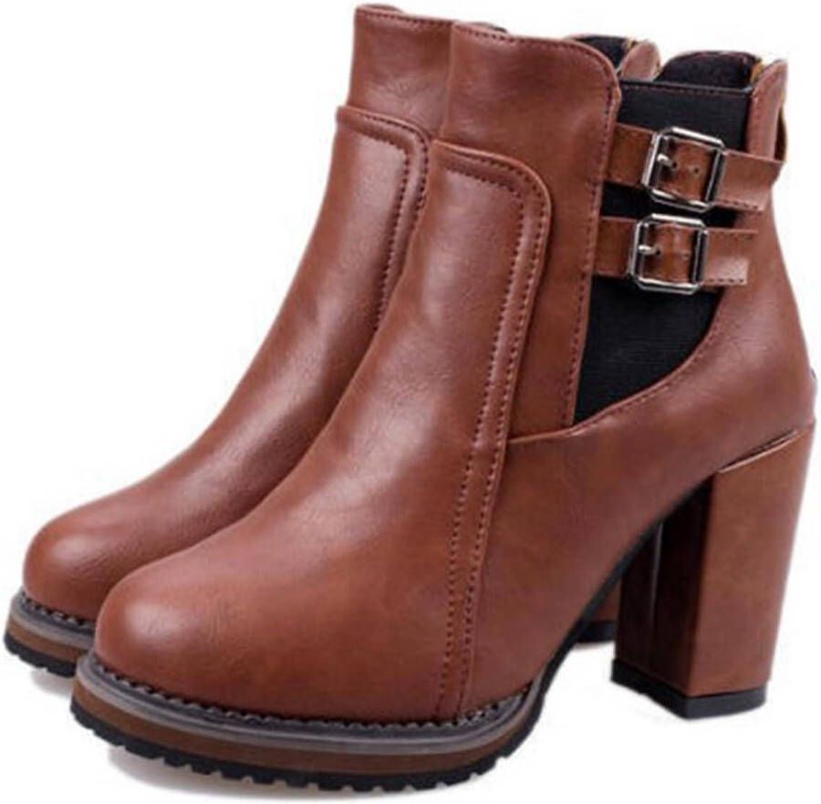 Enkellaarzen Dames Ronde Neus Ritssluiting & Halfblokken Winterlaarzen Bruin