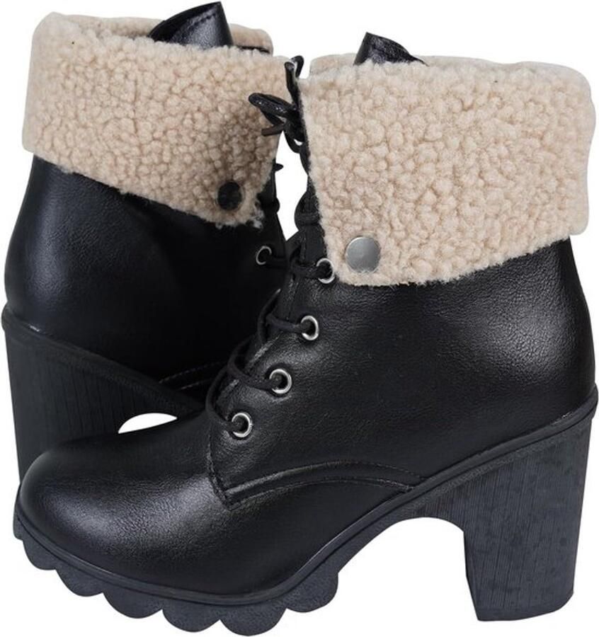 Enkellaarzen Veterschoenen Blokhak Dames Halfhoge hakken Lederen Geschikt voor vrouwen Zwart