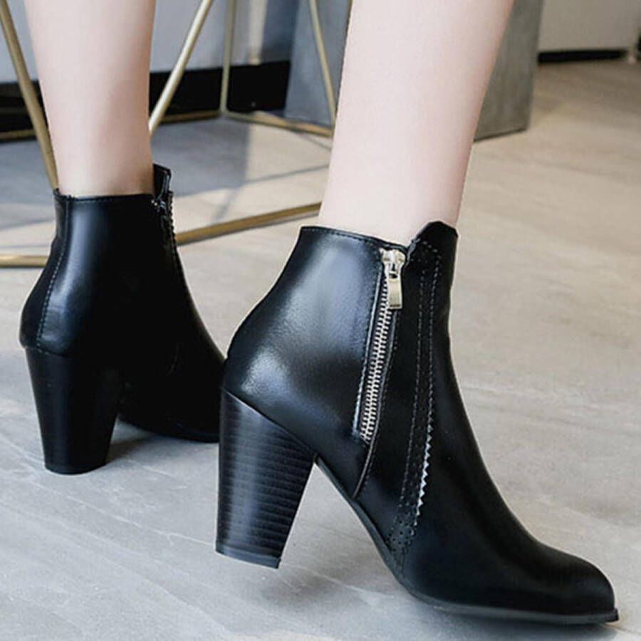 Enkellaarzen voor dames puntige neus ritssluiting halfblokhak winterlaarzen zwart trendy design