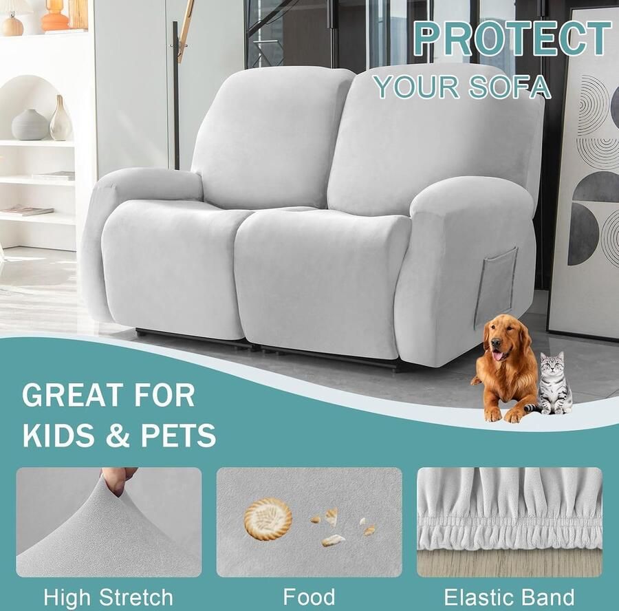Fauteuil Cover Fluwelen fauteuil Cover 1 2 3-zits fauteuil hoezen zachte fauteuil Protector antislip met elastische bodem meubels beschermer voor kinderen Huisdieren licht grijs-2 stoelen - Foto 2