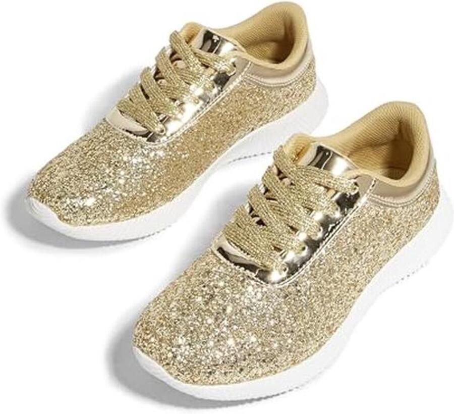 Dames Feestsneakers met Metaalglans en Strass Decoratie Lichtgewicht Glitter Sneakers voor Avondgelegenheden