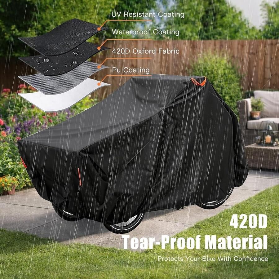 Fietshoes voor bakfiets waterdicht afdekzeil van 420D Oxford met reflecterende strepen uv-bescherming en scheurvast met anti-diefstalogen voor cargo-bike e-bike en driewieler (voor twee wielen)