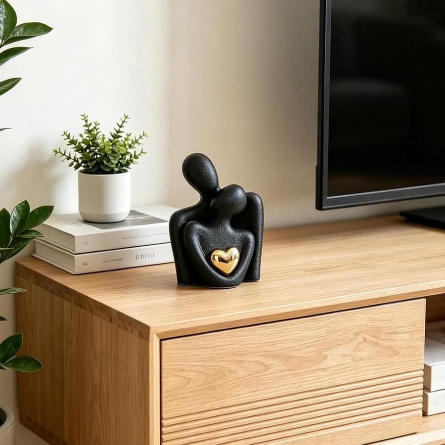 Figuren paar moderne abstracte decoratieve sculptuur omarming paar romantische sculpturen met gouden hart zwart-goud decoratie voor woonkamer slaapkamer eetkamer en kantoor