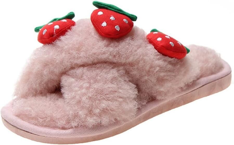 Fleece Pantoffels Pluche Slippers Comfortabel Binnen Anti-slip Zool Fruit Rood