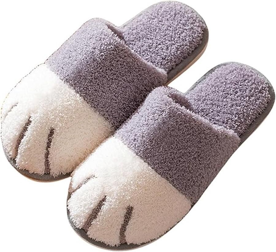 Fleece slippers Zachte en comfortabele winterslippers Geschikt voor slaapkamers en woonkamers Slippers met open hiel Kattenpootmotief Paar binnenslippers Grijs （geschikt voor ）