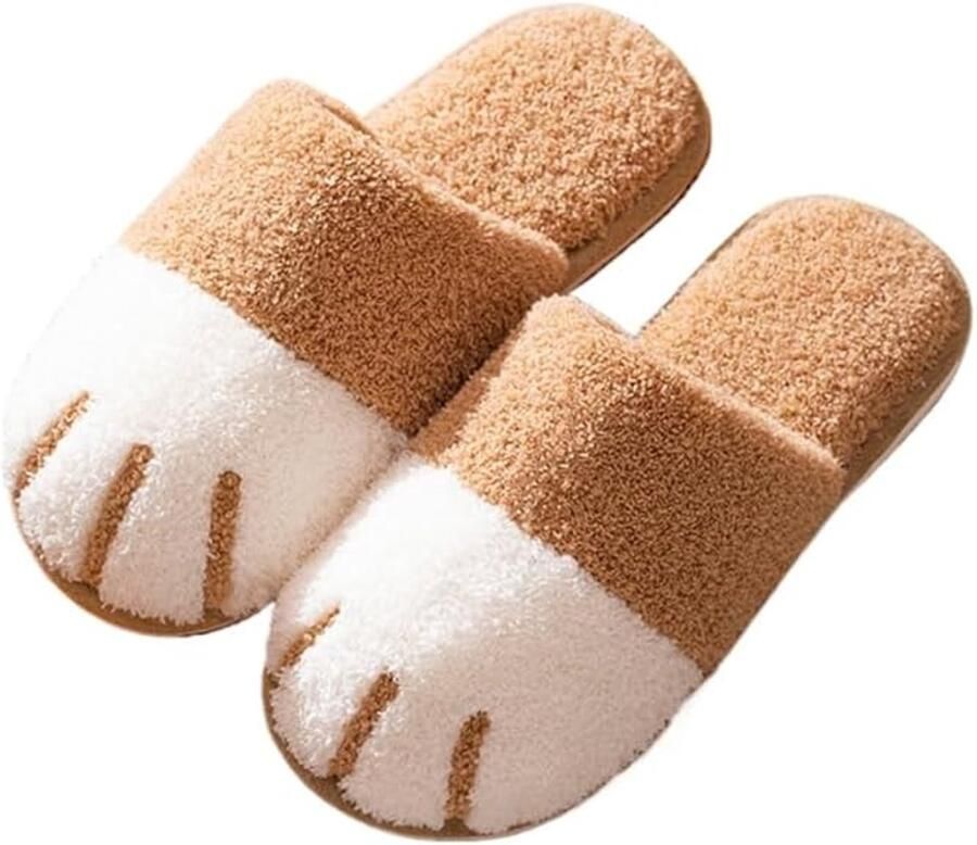 Fleece slippers Zachte en comfortabele winterslippers Geschikt voor slaapkamers en woonkamers Slippers met open hiel Kattenpootmotief Paar binnenslippers Khaki （geschikt voor ）