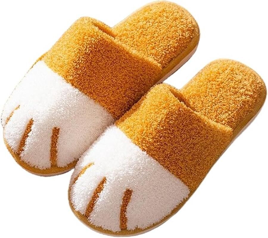 Fleece slippers Zachte en comfortabele winterslippers Geschikt voor slaapkamers en woonkamers Slippers met open hiel Kattenpootmotief Paar binnenslippers Geel （geschikt voor ）