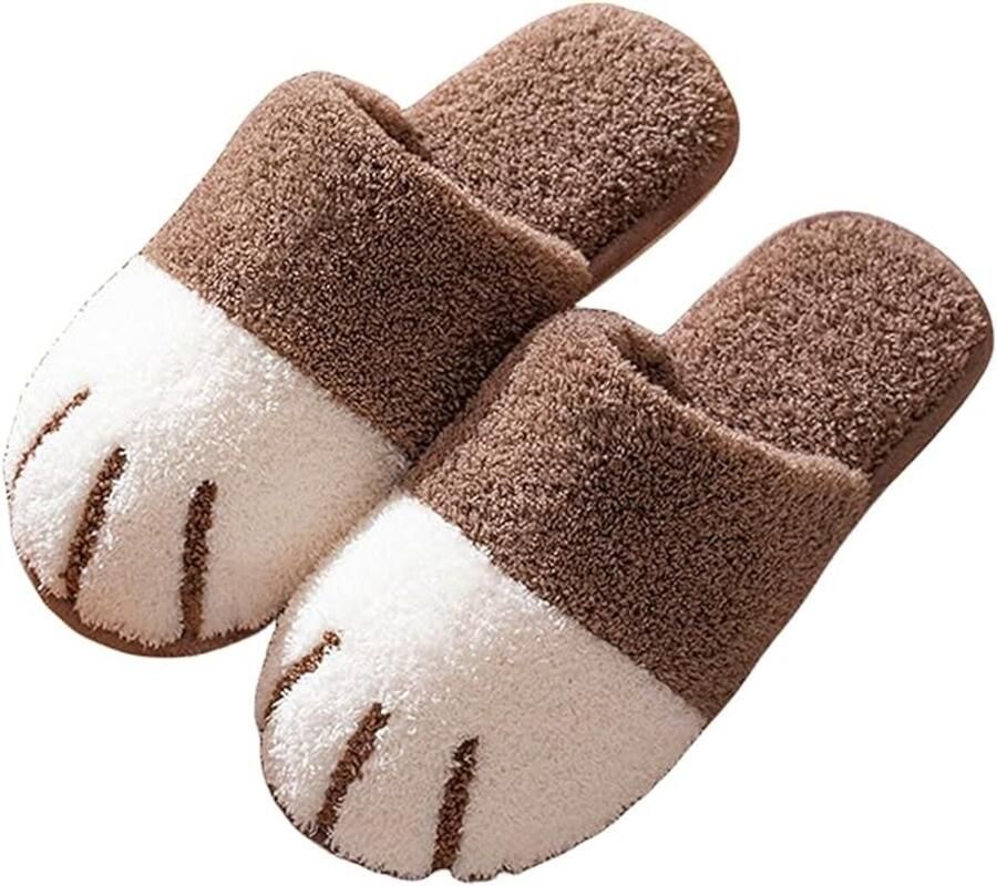 Fleece slippers Zachte en comfortabele winterslippers Geschikt voor slaapkamers en woonkamers Slippers met open hiel Kattenpootmotief Paar binnenslippers Bruin （geschikt voor ）