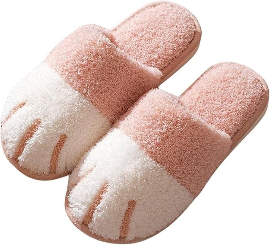Fleece slippers Zachte en comfortabele winterslippers Geschikt voor slaapkamers en woonkamers Slippers met open hiel Kattenpootmotief Paar binnenslippers Roze （geschikt voor ）