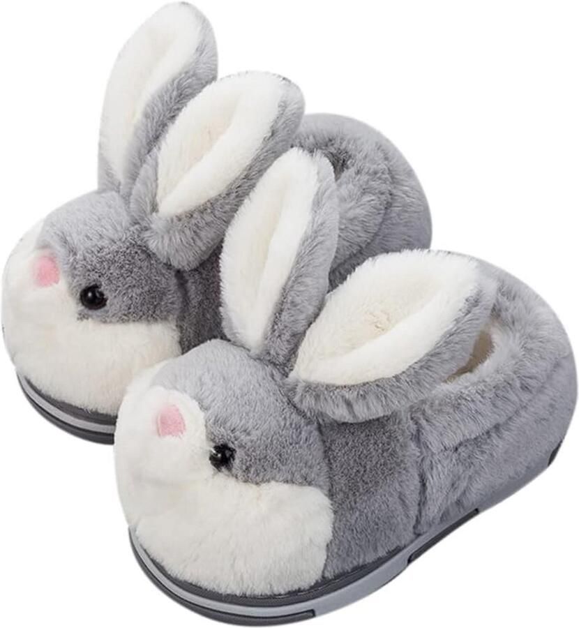 Fluffy Cartoon Slippers for and Non-Slip Grey Cowhide Hare