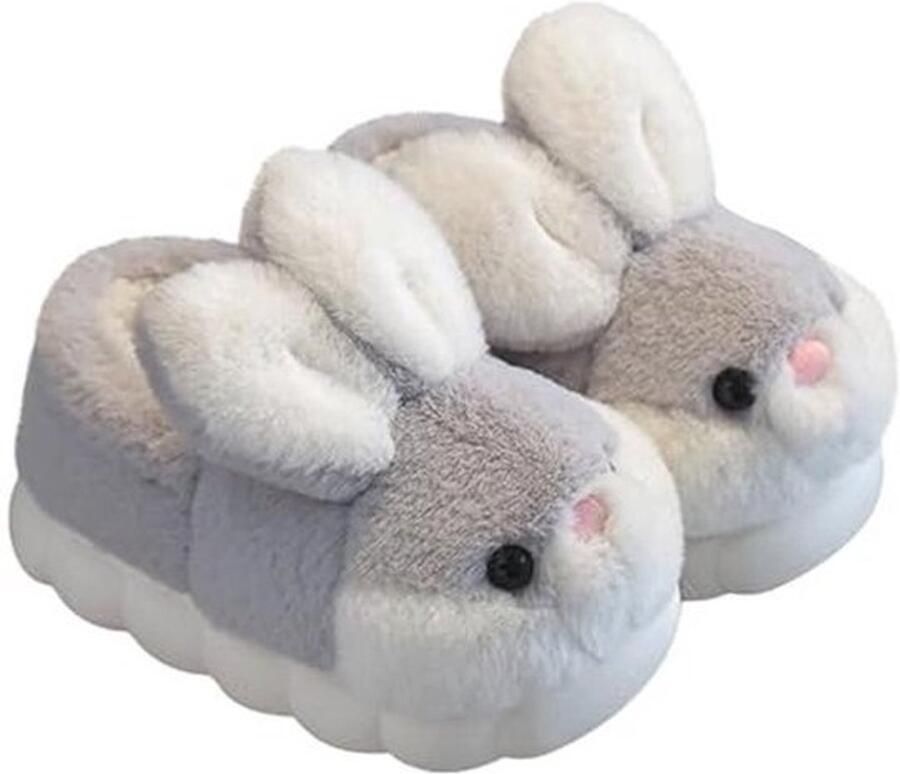 Fluffy Cartoon Slippers for and Non-Slip Grey Cowhide Hare