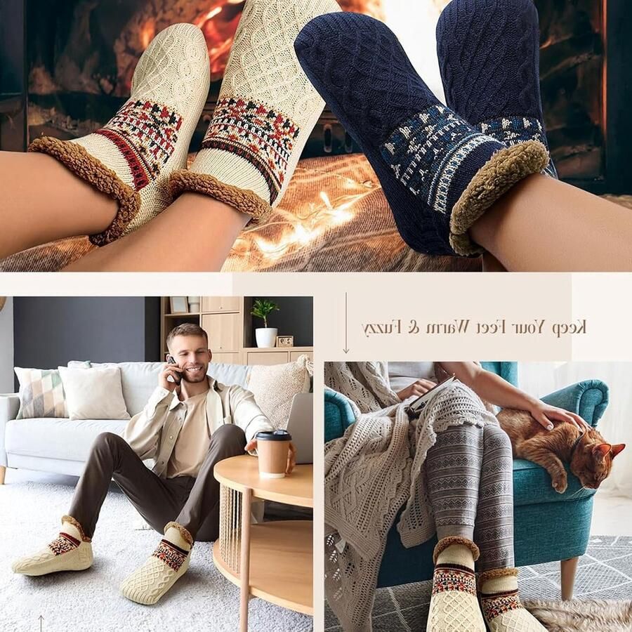 Fluffy Slippers voor Dames Dikke Gebreide Sokken met Fleece Voering voor de Winter Comfortabel en Warm