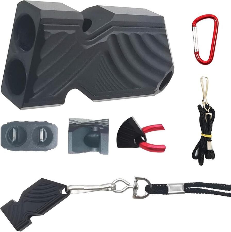 Fluitje aluminium survivalfluitje noodfluitje dubbele buizen hoge decibel veiligheidsfluitjes met sleutelhanger en lanyard voor varen buiten kamperen wandelen keperstof zwart