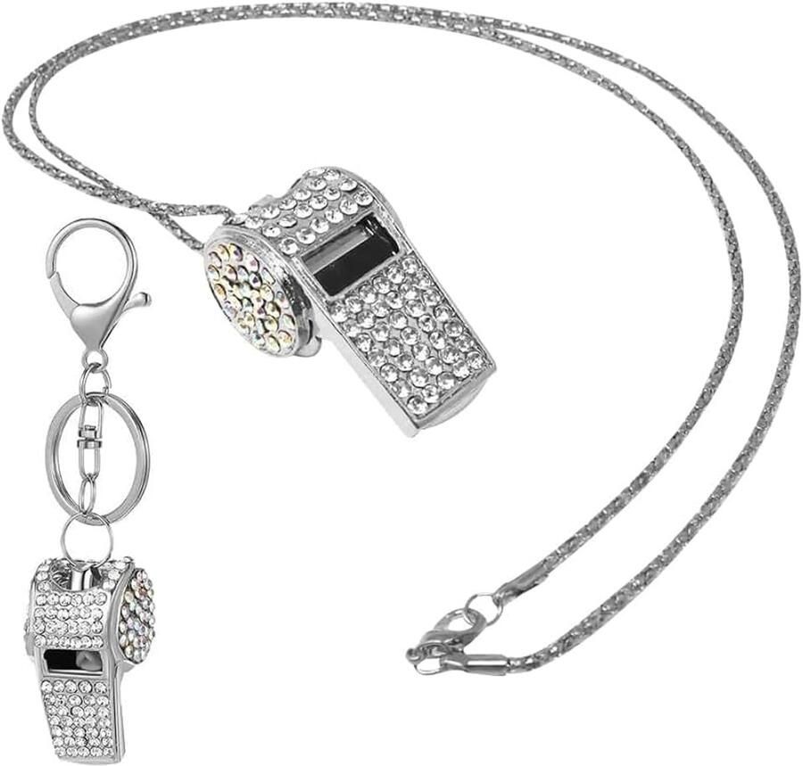 Fluitjes met Ketting en Sleutelhanger Glanzend Fluitje Kristal Zinklegering Pluitje Scheidsrechter Luid Fluitje en Net Sport Fluitjes voor Scheidsrechters Trainers Leraren