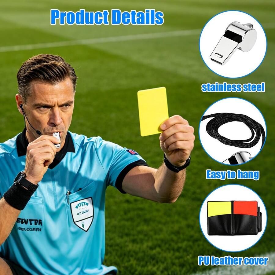 Fluitjes met Koord Rood Geel Kaarten Set met PU Leren Houder Professioneel Fluitje voor Voetbal Training en Outdoor Gebruik