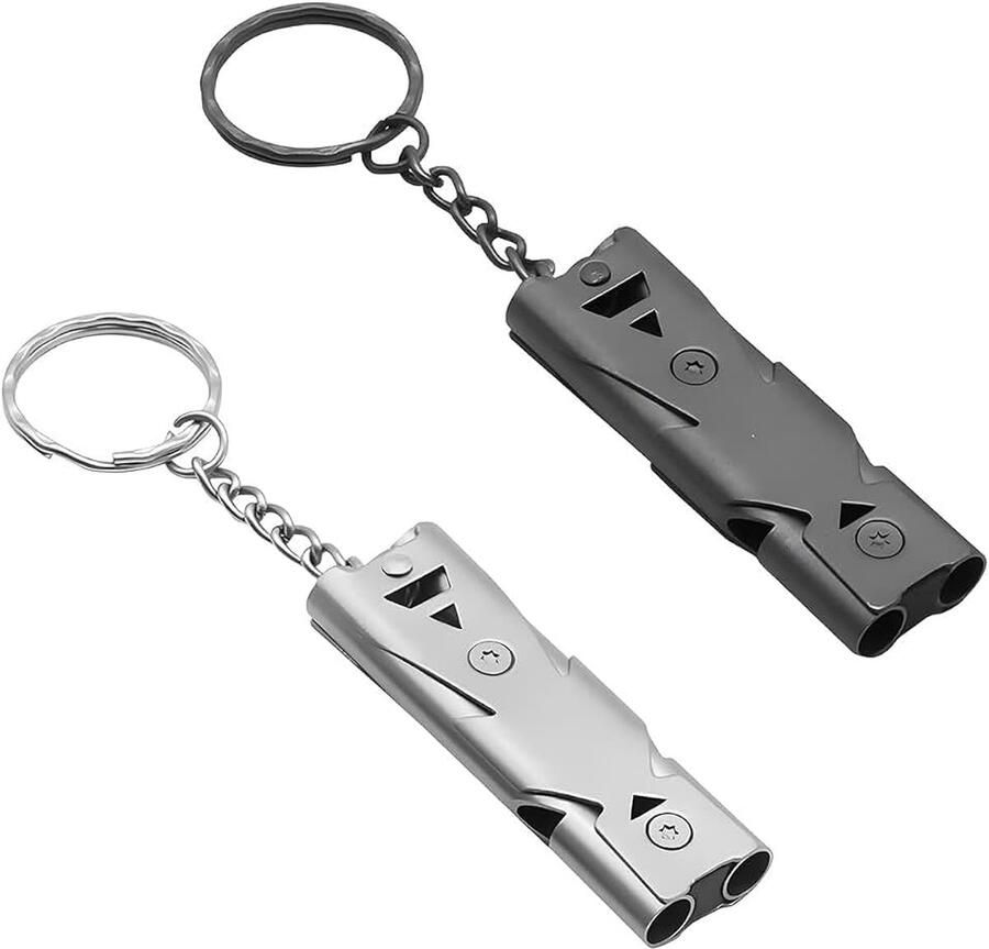 Fluitjes voor noodgevallen van roestvrij staal hoogfrequentie dubbele buis voor outdoor camping wandelen survival scheidsrechter fluitset in gunmetal en zilver 57 x