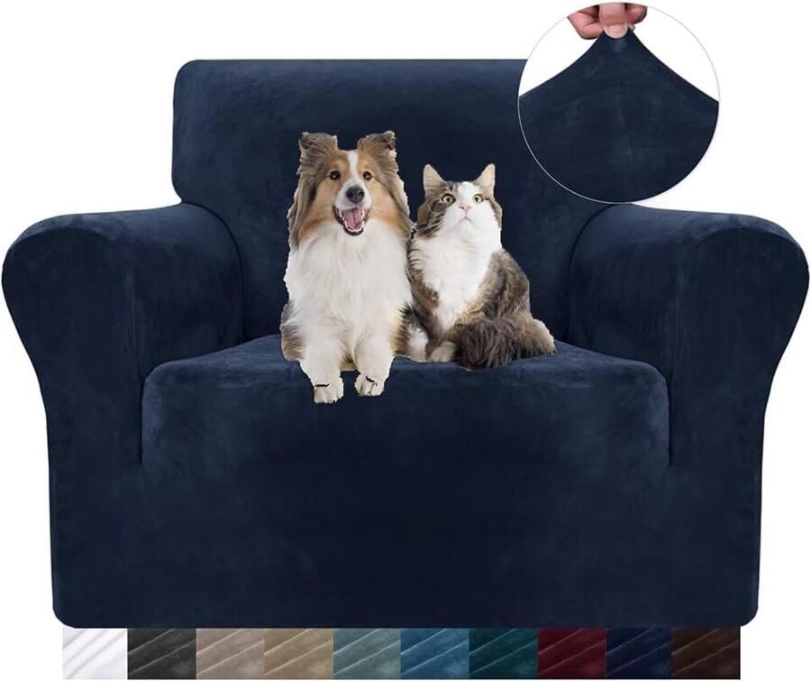 Fluwelen Bankhoes 1 Zit Universele Stretch Bankhoezen Met Armleuningen Elastische Soft Sofahoes Voor Woonkamer Krasbestendig Sofa Meubelhoes Voor Honden Kat Huisdier Donkerblauw