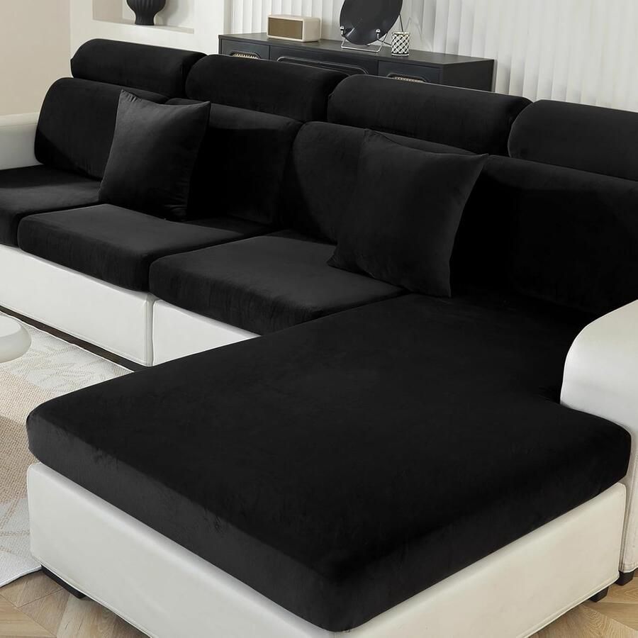 Fluwelen Stretch Sofa Zitkussen Hoezen Universele Elastische Sofa Kussenhoezen Antislip Zitkussenbescherming Stoelhoes Sofahoezen Meubelbeschermer (2 Plaatsen Zwart)