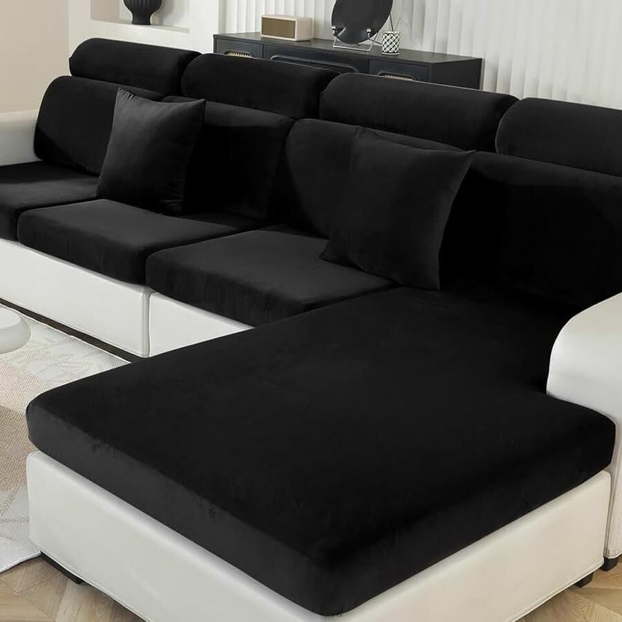Fluwelen Stretch Sofa Zitkussen Hoezen Universele Elastische Sofa Kussenhoezen L-vormige Zitkussenbescherming Stoelhoes Sofahoezen Meubelbeschermer (Chaiselongue Zwart)