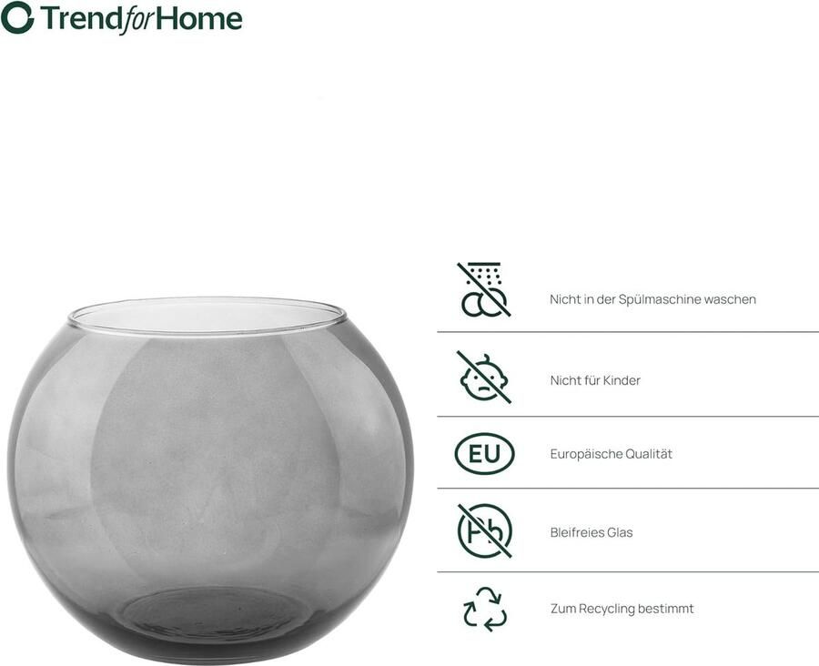 FOR HOME Olivia Kogelvaas glas Ø hoogte: plantenterrarium grijs glas tafelvaas voor bruiloft woonkamer tulpen roos decoratieve grijze bloemenvaas hydrocultuurvaas