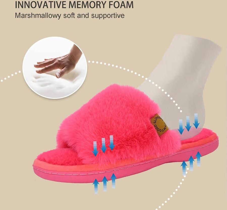 Furry Indoor Huispantoffels Roze B 38 39 EU Kunstbont Open Tenen Pantoffels met Anti-Slip Rubberen Zool Voor Vrouwen