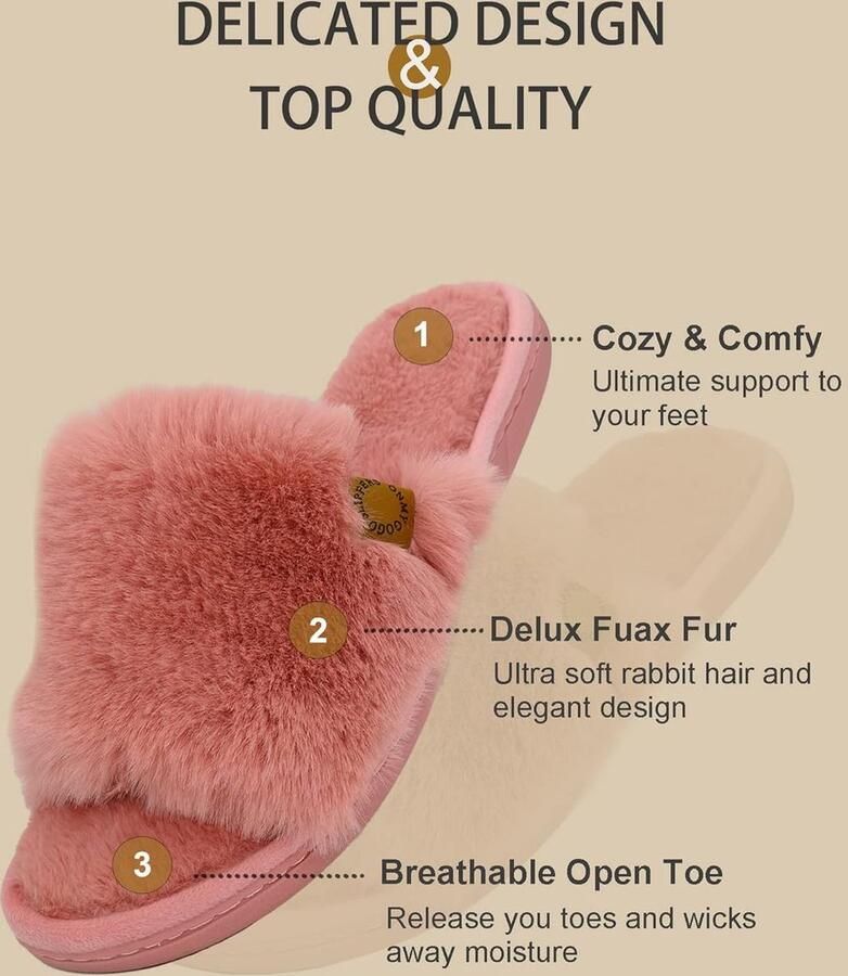 Furry Indoor huispantoffels voor vrouwen met anti-slip rubberen zool kunstbont open tenen pantoffels