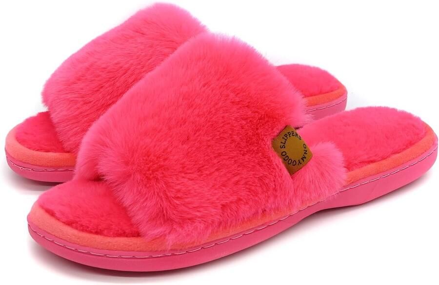 Furry Indoor huispantoffels voor vrouwen met anti-slip rubberen zool kunstbont open tenen pantoffels