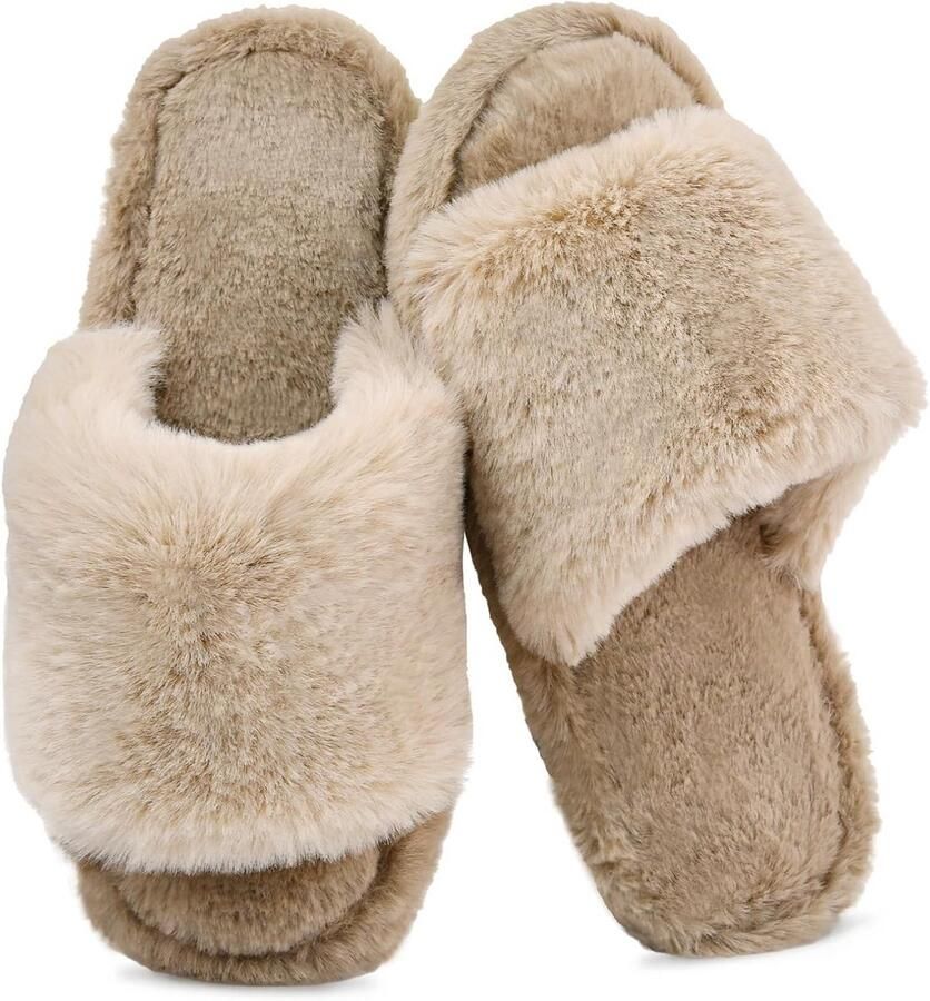 Fuzzy Dames Slippers met Open Teen en Memory Foam Zool