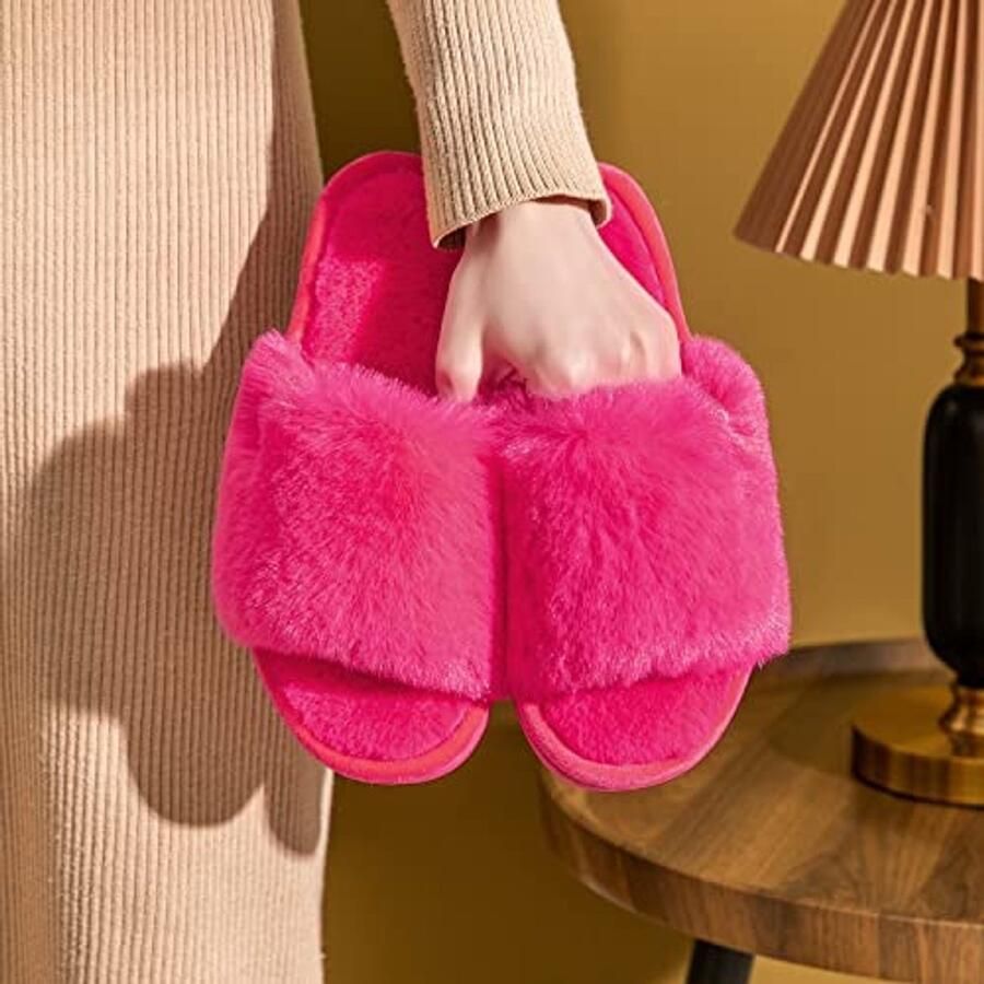 Fuzzy Dames Slippers Open Teen met Antislip Rubberzool