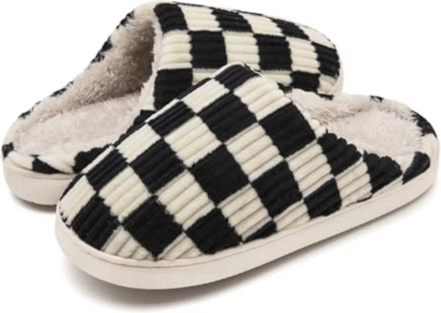 Fuzzy Geheugenschuim Geruite Pantoffels voor en Slip op Huisslippers met Anti-Skid Zool