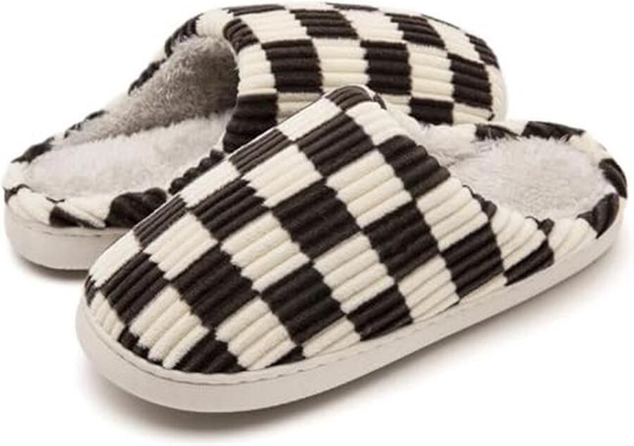 Fuzzy Geheugenschuim Pantoffels en Geruite Slip-on Huisslippers met Anti-Skid Zool