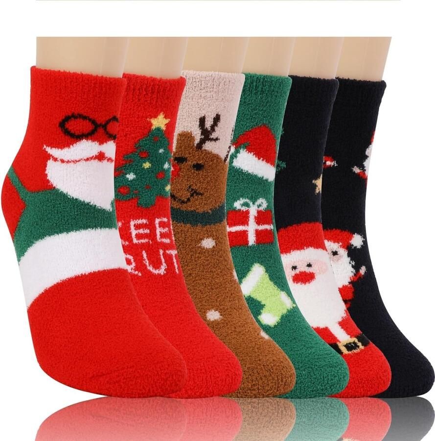 Fuzzy Kerstsokken 6 paar vrouwen winter zacht warm Fuzzy slippers sokken met 3D-kerstpatroon om thuis te dragen kerstfeest geschenken