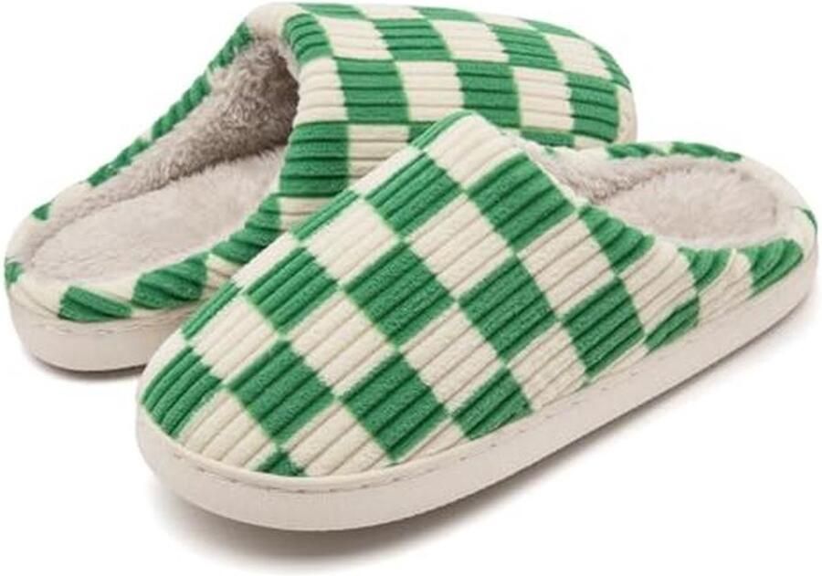 Fuzzy Memory Foam Slippers for and Checkered Design Anti-Skid Sole Indoor Outdoor Use