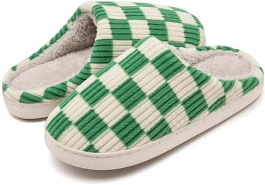 Fuzzy Memory Foam Slippers for and Checkered Design Anti-Skid Sole Indoor Outdoor Use
