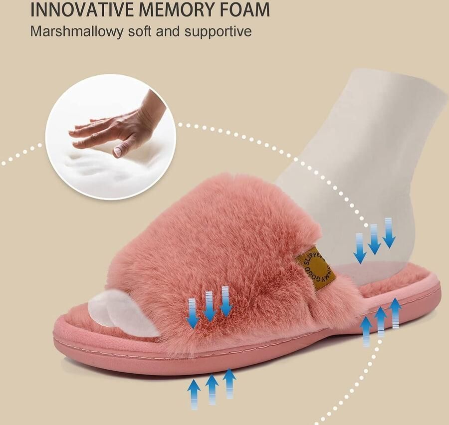 Fuzzy Pantoffels Zalmkleurig 38 39 EU Kunstbont met Anti-slip Rubberen Zool Voor Dames