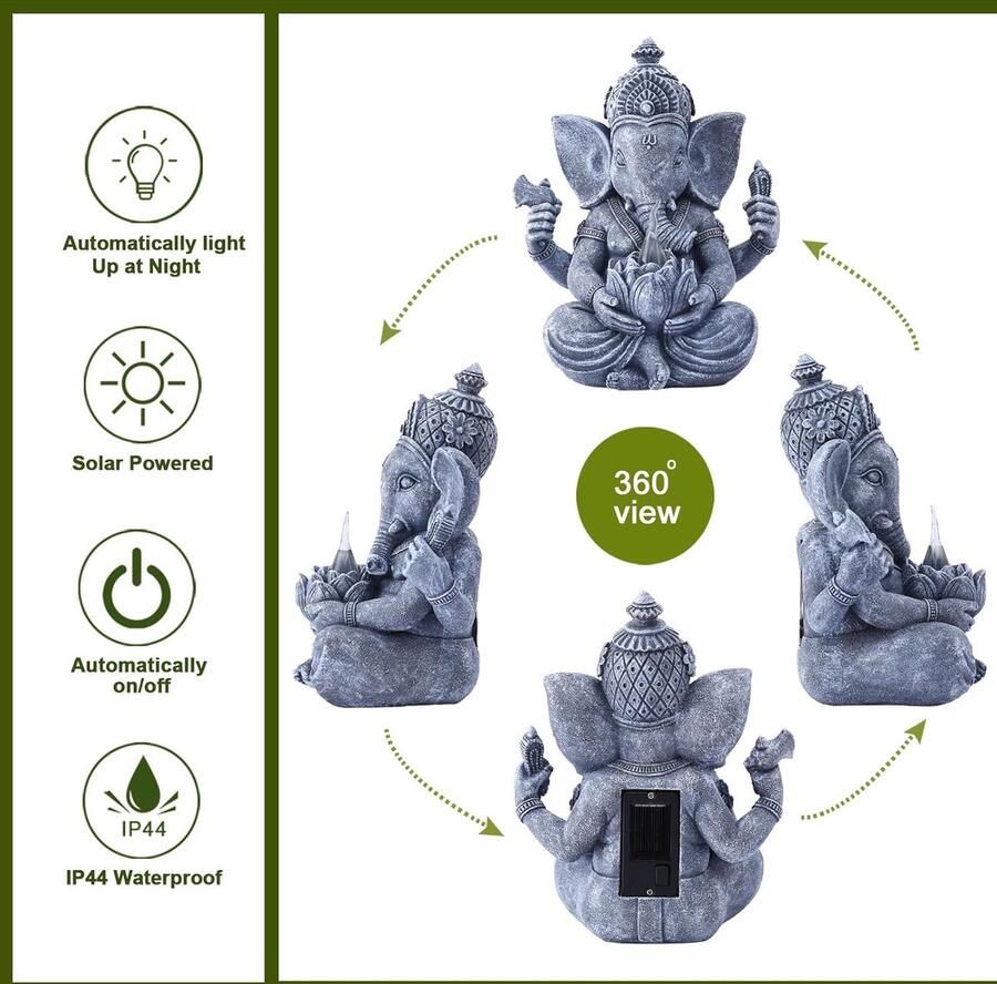 Ganesha figuur Boeddha met lampen op zonne-energie voor decoratie woonkamer bureau accessoires: Ganesha Zen Tuin Boeddha figuur geschenken voor nen mama weerbestendig kamer balkon