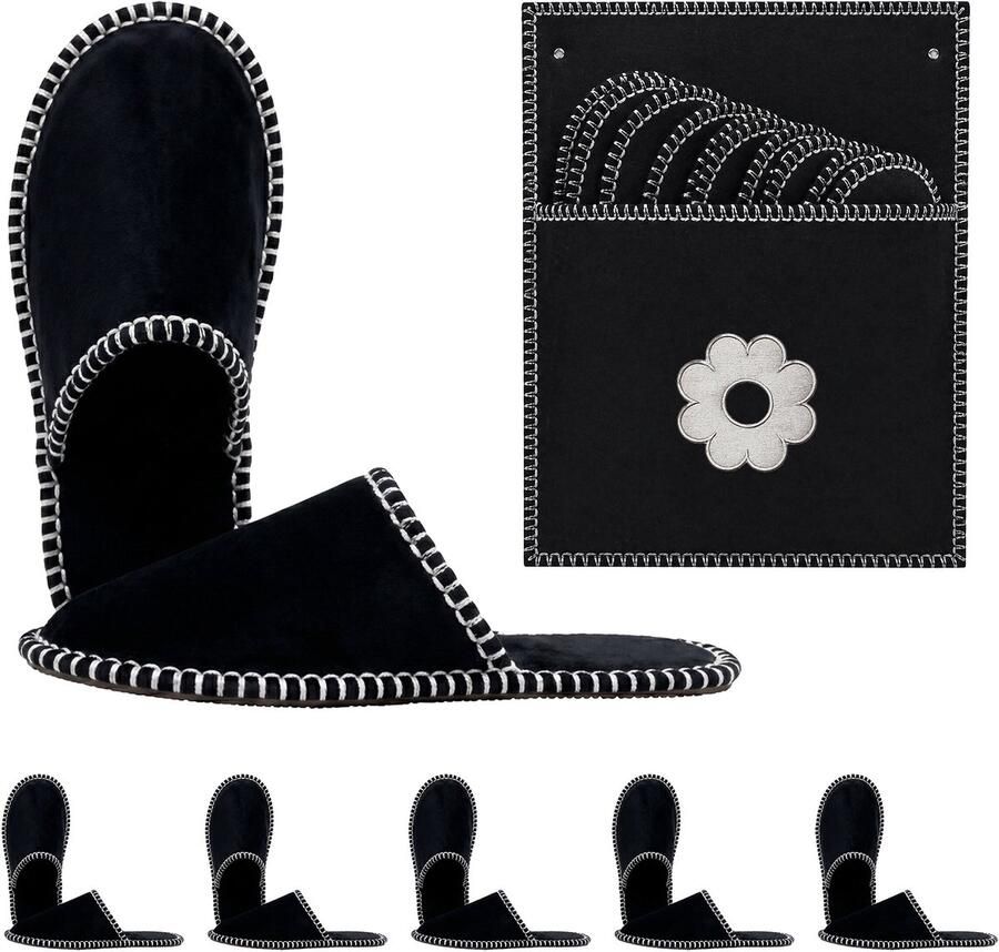 Gastenpantoffels 6 stuks zwart met bloemmotief