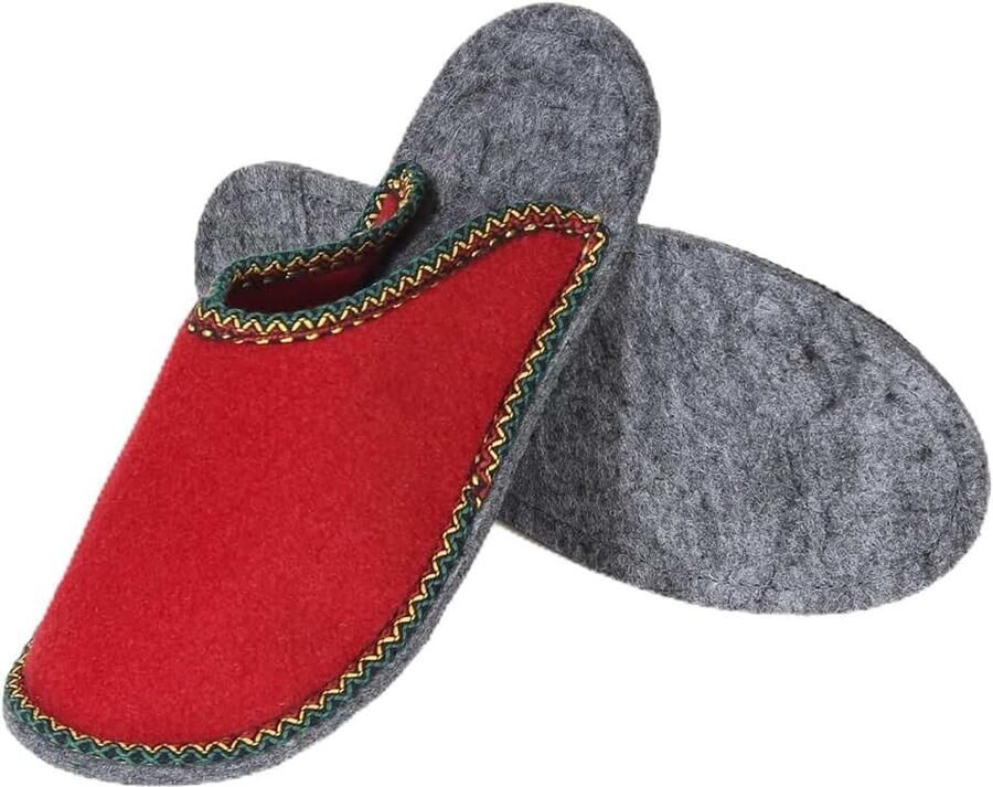 Gastenpantoffels met bies I Grijs Rood I ??47 I Comfortabele vilten sloffen I Ade d met vilten zool I Warme pantoffels voor &