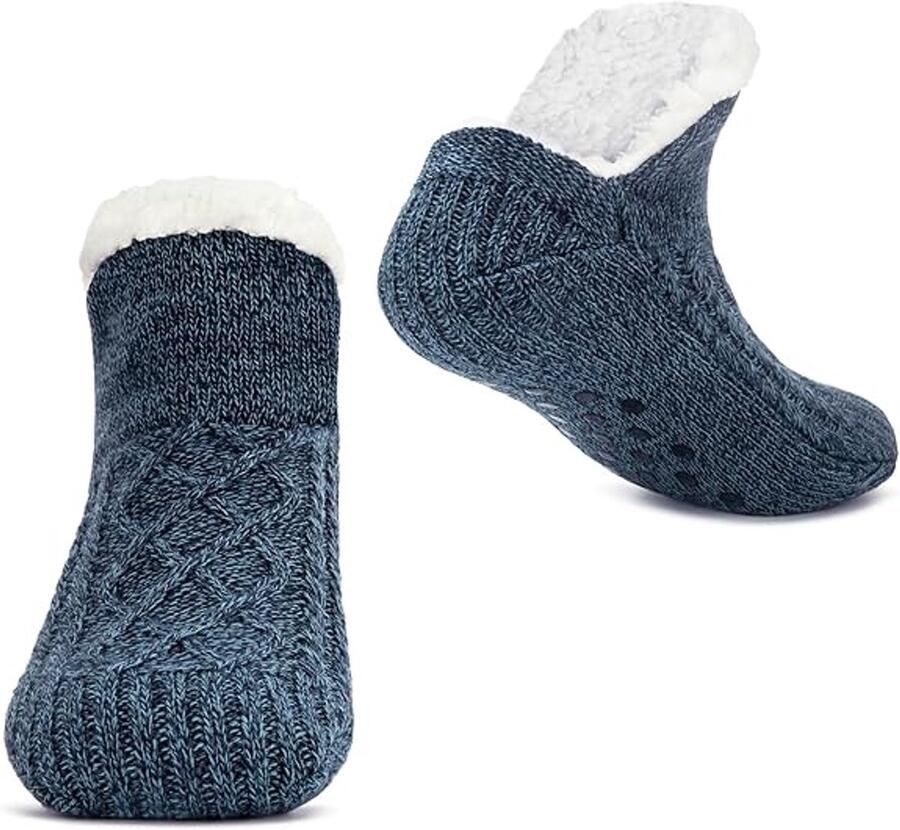 Gebreide pantoffels voor dames zacht warm dik gevoerd comfortabele sokken van sherpa-fleece antislipsokken winterse pantoffels voor binnen huis sokken voetverwarmers geschikt voor de meeste maten van 38 tot 42 (blauw