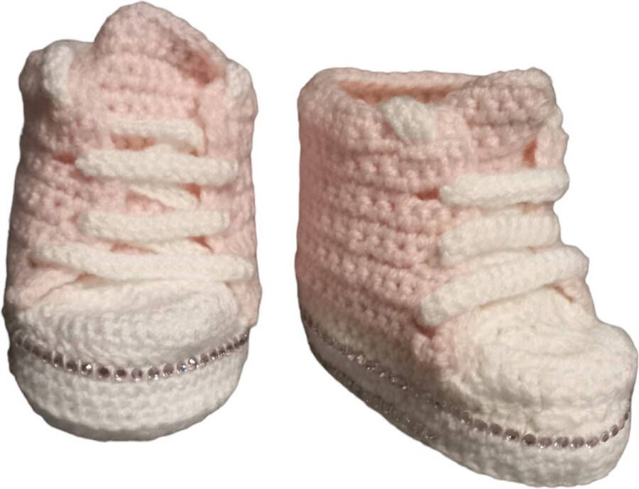 Gehaakte baby sneaker Roze Siersteentjes